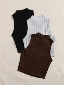 SHEIN EZwear 3 件装高领罗纹针织背心 - 彩色 - 查看 2