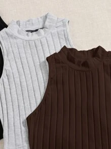 SHEIN EZwear 3 件装高领罗纹针织背心 - 彩色 - 查看 5