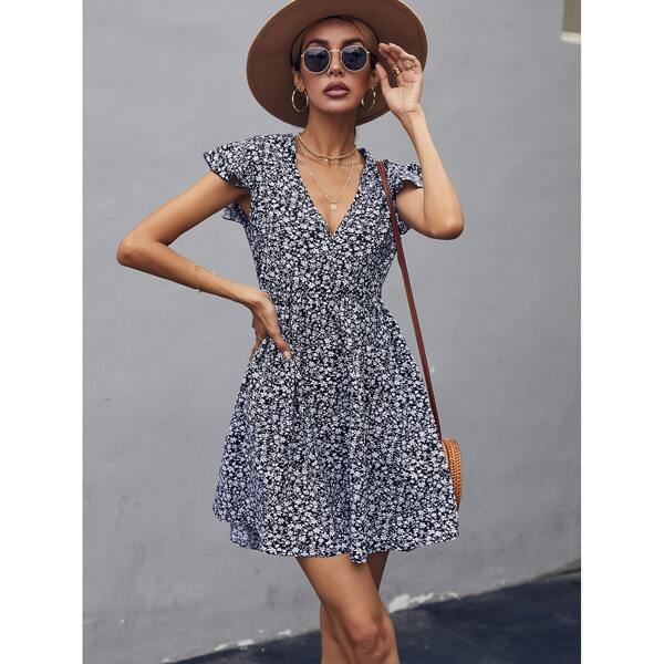 

Ditsy Floral Ruffle Armhole Belted Dress, Blue and white