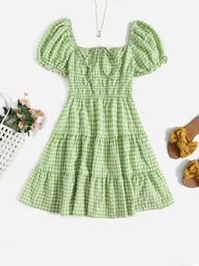 Soleia 大碼泡泡袖繫帶荷葉邊下擺格紋連衣裙 - 青檸色 - 查看 1