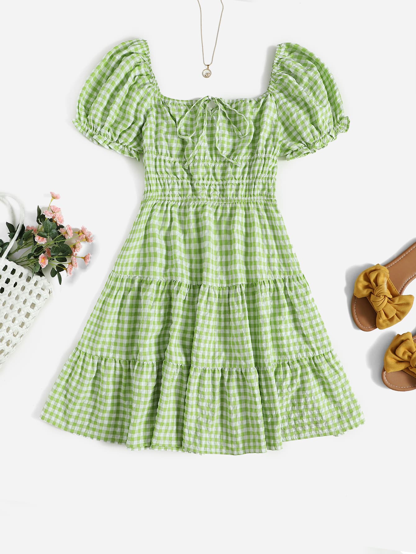 Soleia 大碼泡泡袖繫帶荷葉邊下擺格紋連衣裙 - 青檸色 - 查看 1