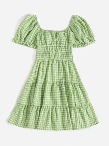 Soleia 大碼泡泡袖繫帶荷葉邊下擺格紋連衣裙 - 青檸色 - 查看 2
