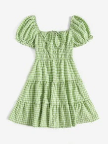 Soleia 大碼泡泡袖繫帶荷葉邊下擺格紋連衣裙 - 青檸色 - 查看 3