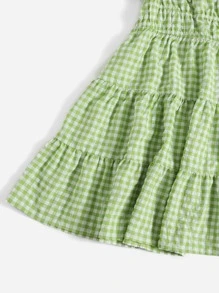 Soleia 大碼泡泡袖繫帶荷葉邊下擺格紋連衣裙 - 青檸色 - 查看 4