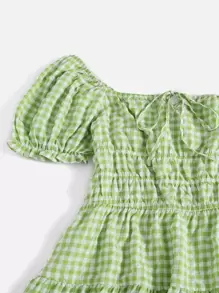 Soleia 大碼泡泡袖繫帶荷葉邊下擺格紋連衣裙 - 青檸色 - 查看 5