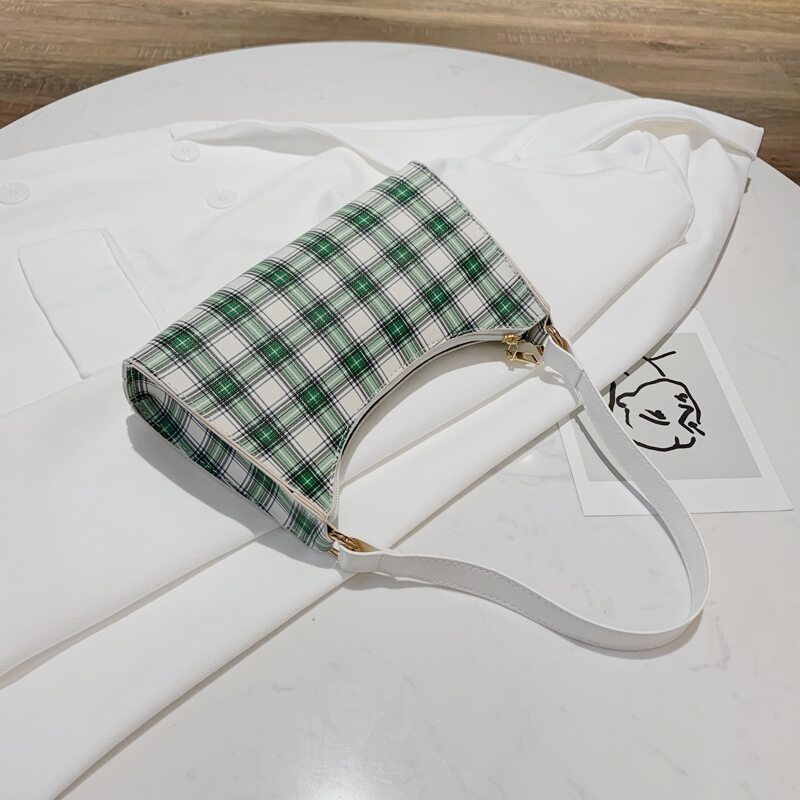 

Plaid Pattern Baguette Bag, Green