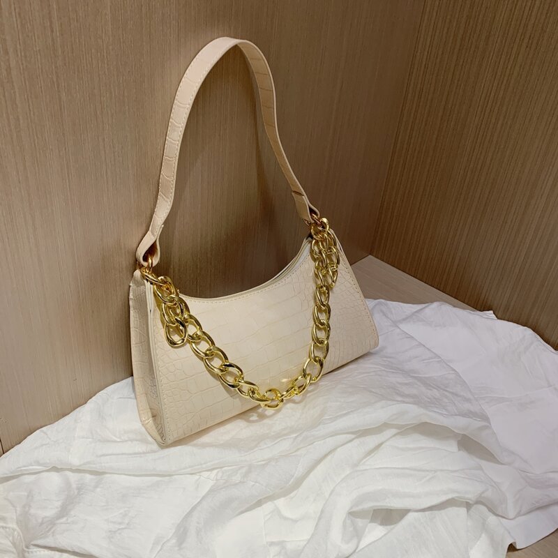 

Chain Decor Croc Embossed Baguette Bag, Beige