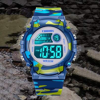 1 件/套儿童可爱 LED 电子硅胶手表，7 色夜光运动数字手表，适合生日、万圣节