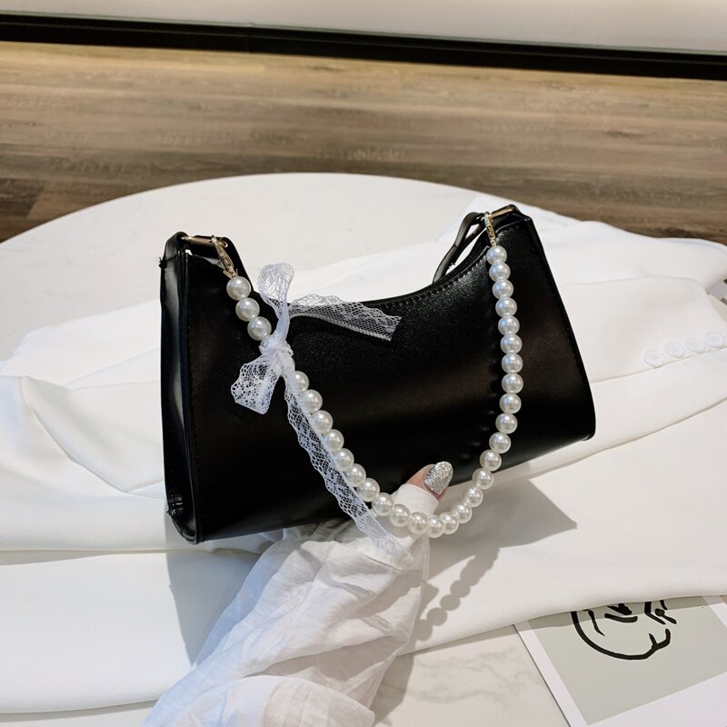 

Lace Bow Decor Baguette Bag, Black
