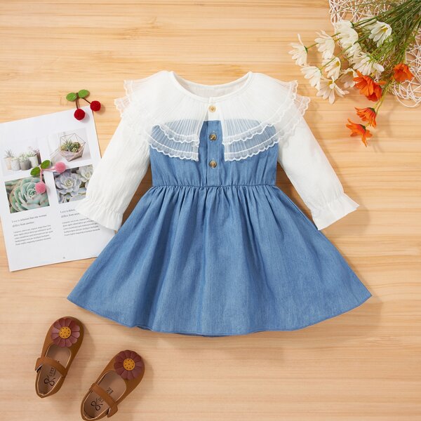 

Baby Contrast Mesh Half Button Flared Dress, Medium wash