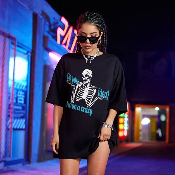 

Skull & Letter Graphic Oversized Tee, Black