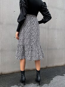 SHEIN Clasi 小碎花高腰荷葉邊不附腰帶半身裙 - 黑與白 - 查看 2