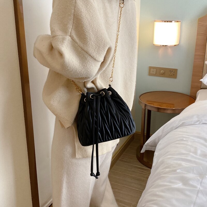 

Quilted Drawstring Bucket Bag, Black