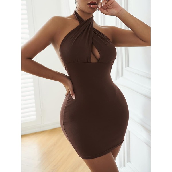 

Halterneck Crisscross Front Peekaboo Bodycon Dress, Coffee brown
