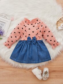 嬰兒假兩件愛心圖案荷葉邊前蝴蝶結洋裝 - 彩色 - 查看 1
