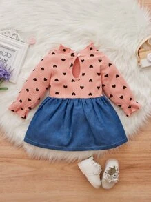 嬰兒假兩件愛心圖案荷葉邊前蝴蝶結洋裝 - 彩色 - 查看 2