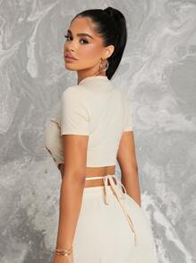 SHEIN SXY Racing Car Graphic Tie Back Crop Top - Beige - View 2