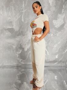 SHEIN SXY Racing Car Graphic Tie Back Crop Top - Beige - View 3