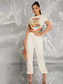 SHEIN SXY Racing Car Graphic Tie Back Crop Top - Beige - View 4