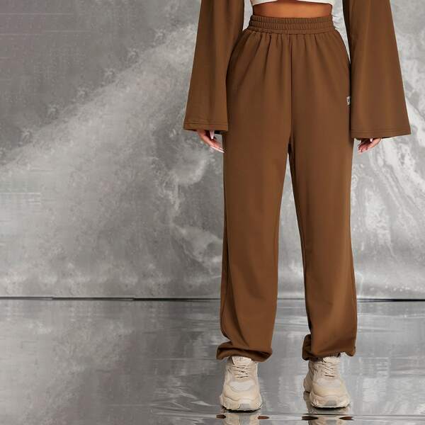 

Letter Patch High Waist Joggers, Coffee brown