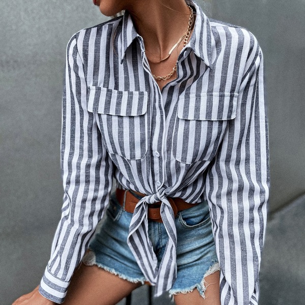 

Striped Print Flap Pocket Knot Front Blouse, Multicolor