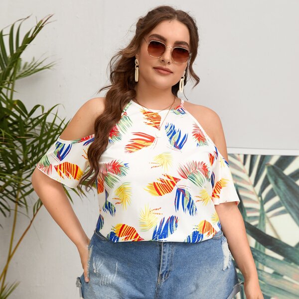 

Plus Tropical Print Cold Shoulder Blouse, Multicolor