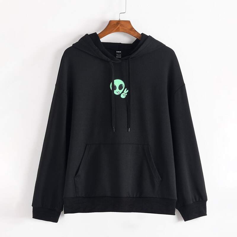 

Alien Print Kangaroo Pocket Drawstring Hoodie, Black