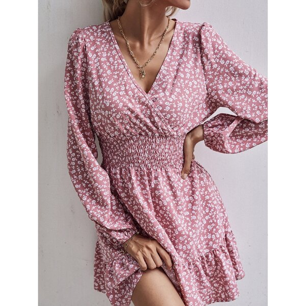 

Ditsy Floral Surplice Front Shirred Ruffle Hem Dress, Dusty pink