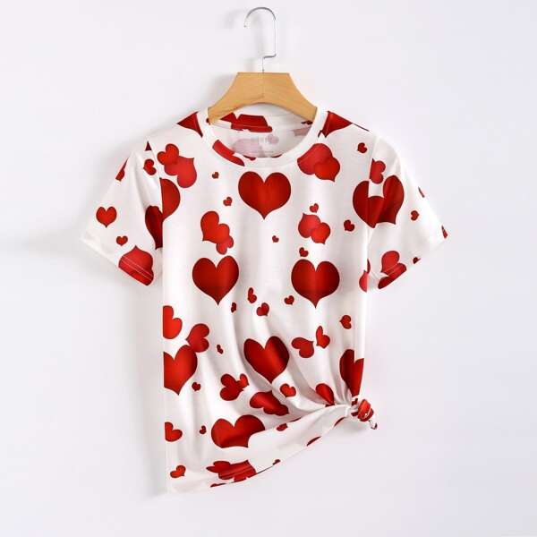 

All Over Heart Print Round Neck Tee, Red and white
