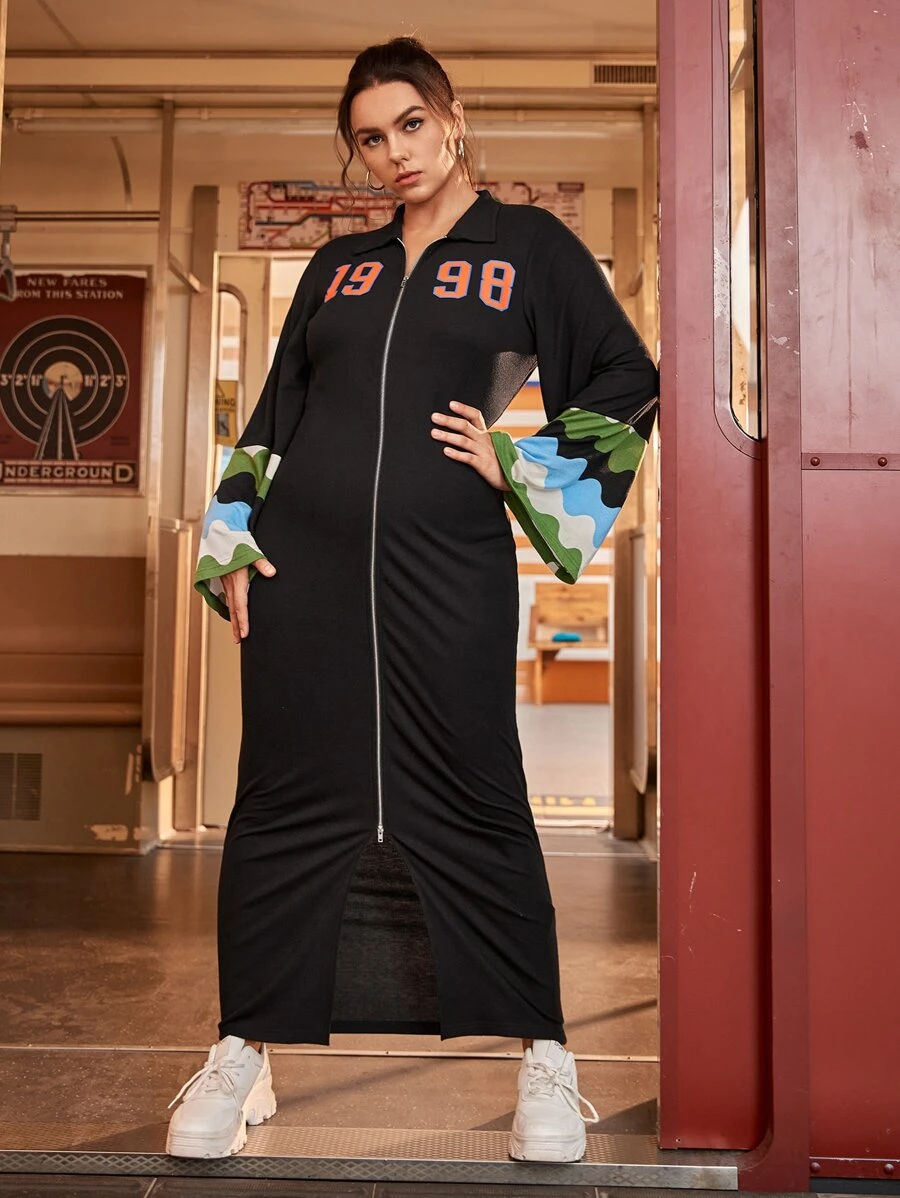 Mulvari Đầm Plus Size Dây kéo Đồ họa Lá thư Giải trí - màu đen - Xem 1