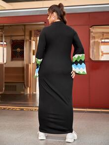 Mulvari Đầm Plus Size Dây kéo Đồ họa Lá thư Giải trí - màu đen - Xem 2