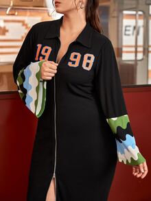 Mulvari Đầm Plus Size Dây kéo Đồ họa Lá thư Giải trí - màu đen - Xem 4