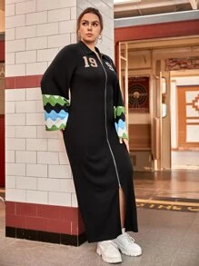 Mulvari Đầm Plus Size Dây kéo Đồ họa Lá thư Giải trí - màu đen - Xem 5