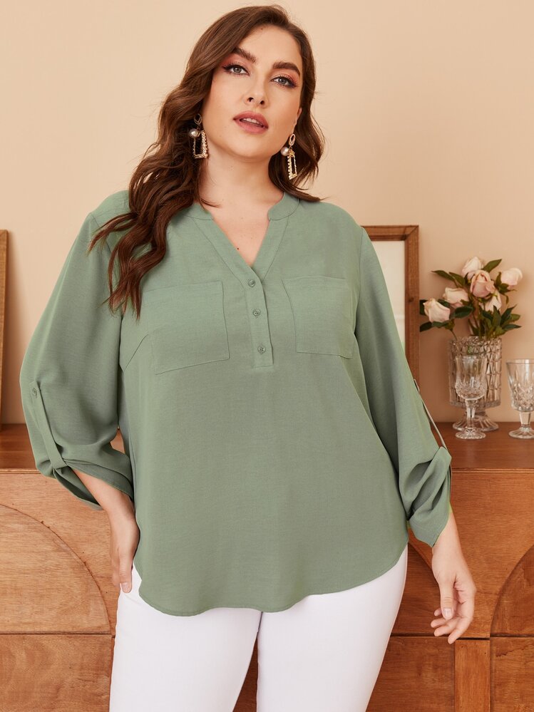 Mulvari Plus Roll Tab Sleeve Patched Pocket Blouse - Army Green - View 1