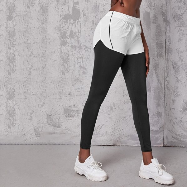 

Contrast Binding 2 In 1 Sports Leggings, Black and white