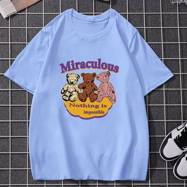 

Men Bear And Slogan Graphic Tee, Baby blue