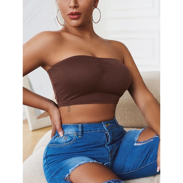 

Ruched Front Crop Tube Top, Chocolate brown