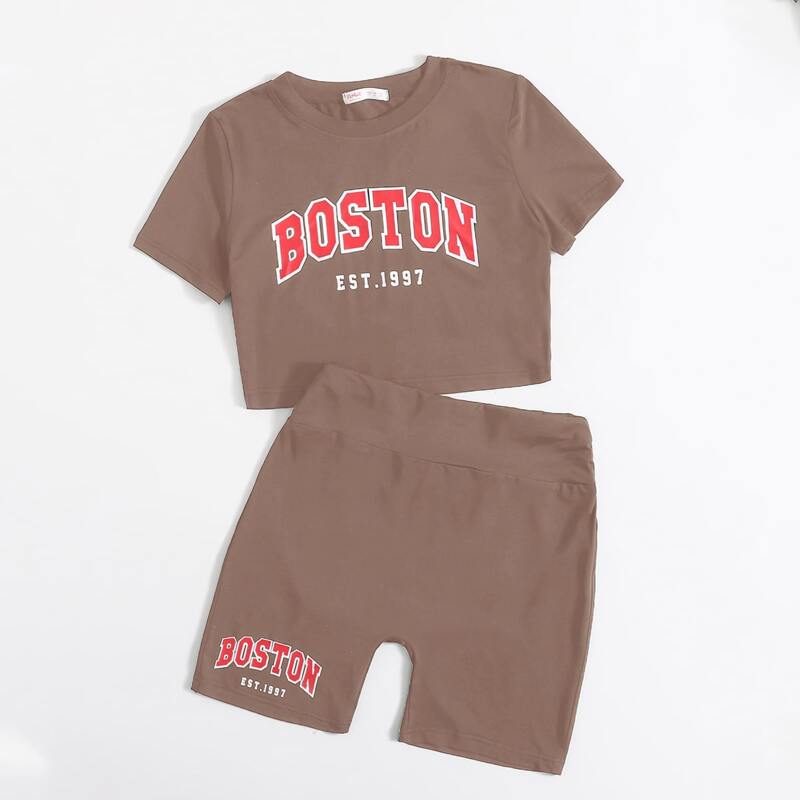 

Letter Crop Tee & Biker Shorts, Brown