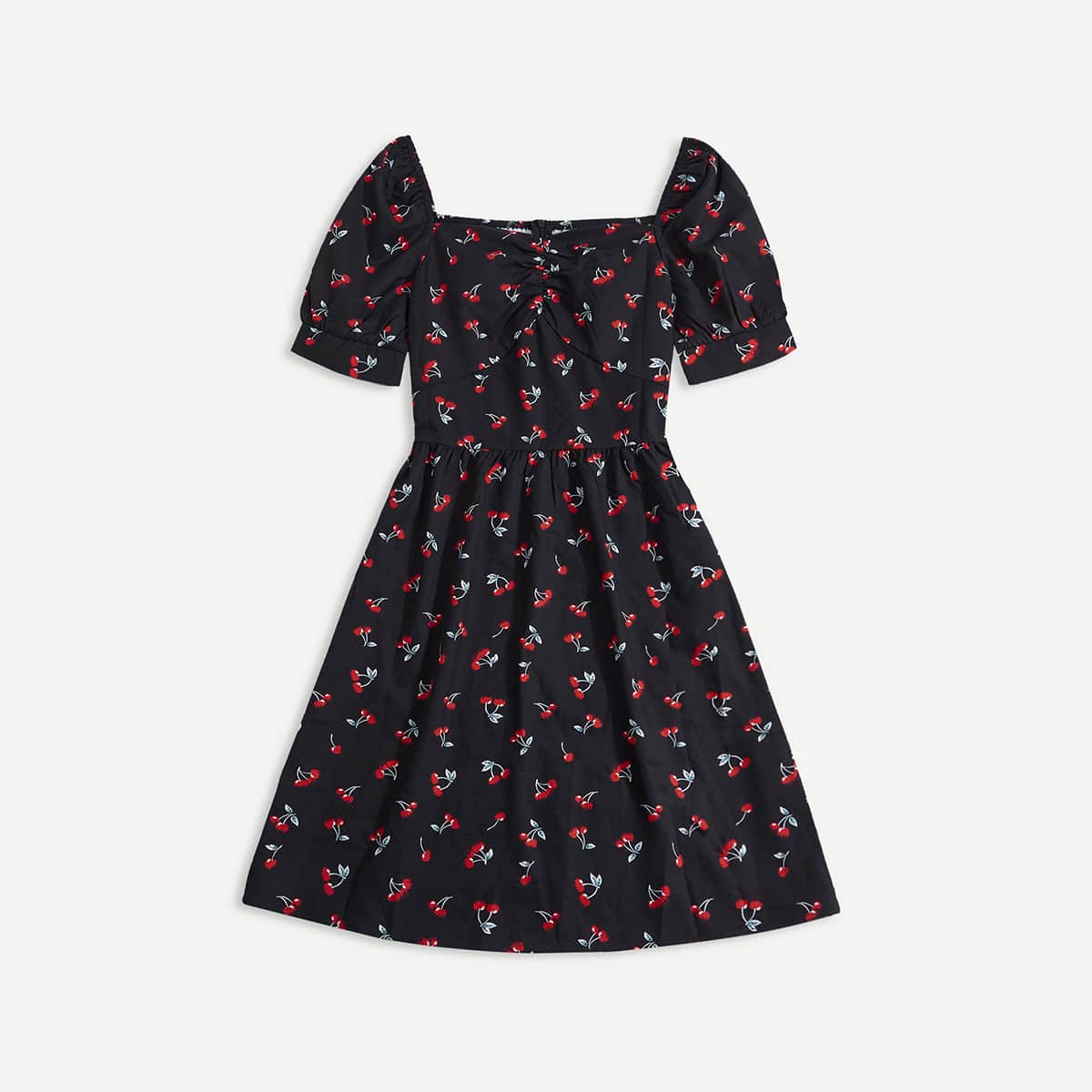 

Cherry Print Ruched Dress, Black
