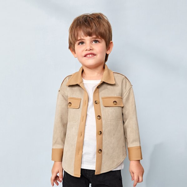 

Toddler Boys Contrast Panel Flap Pocket Suede Coat, Khaki