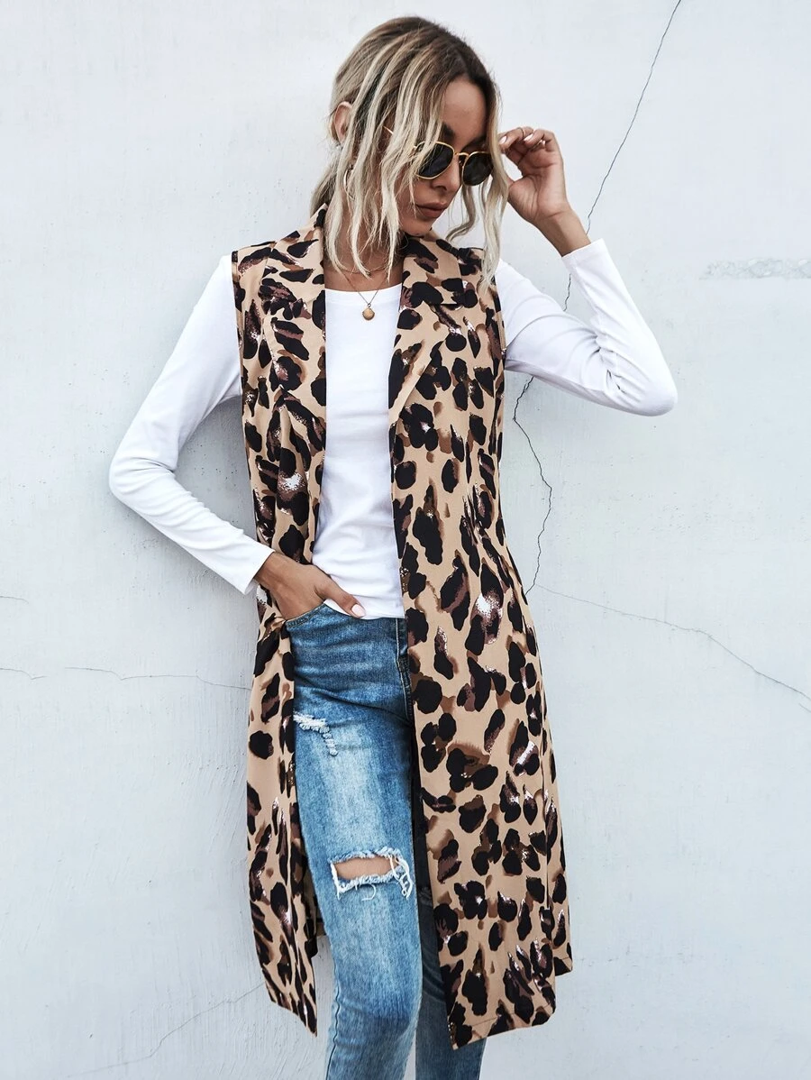SHEIN LUNE Leopard Print Belted Vest Coat - Multicolor - View 1