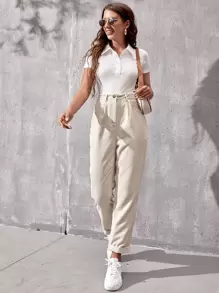 SHEIN Essnce Polo Neck Rib Knit Tee - White - View 4