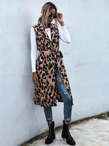 SHEIN LUNE Leopard Print Belted Vest Coat - Multicolor - View 3