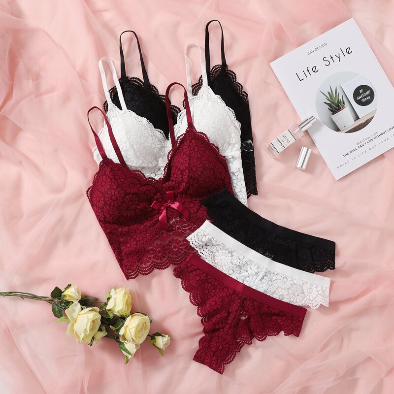 

3sets Floral Lace Lingerie Set, Multicolor