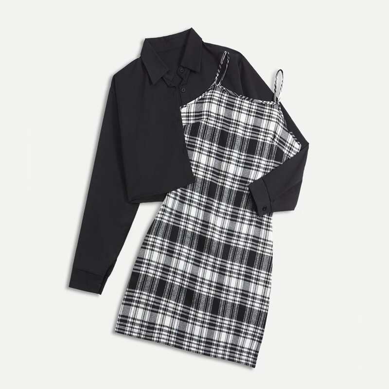 

Solid Button Front Crop Top & Plaid Cami Dress Set, Black and white