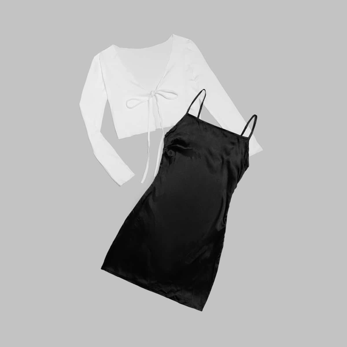 

Solid Tie Front Top & Satin Cami Dress, Black and white