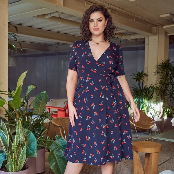 

Plus Cherry Print Self Tie Dress, Navy blue