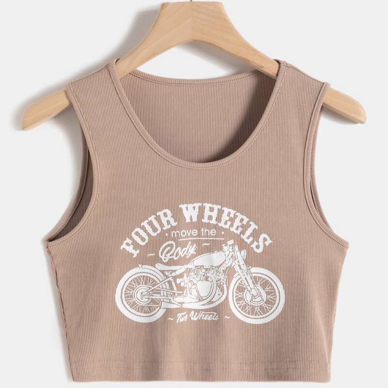 

Motorcycle & Letter Graphic Tank Top, Apricot