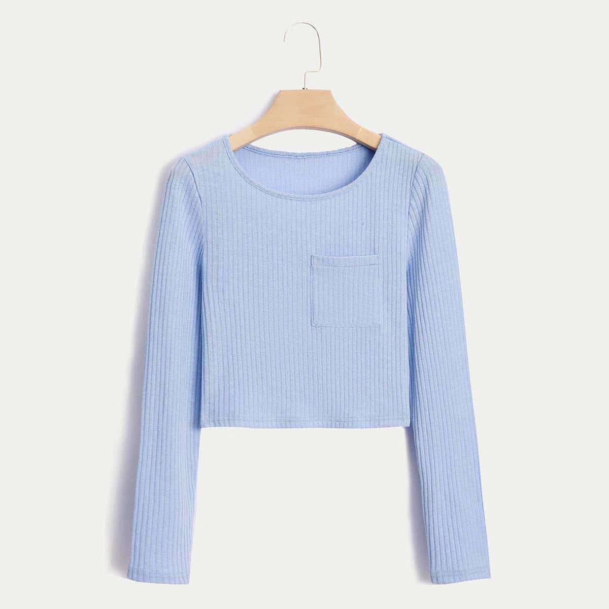 

Ribbed Knit Patched Pocket Crop Tee, Baby blue