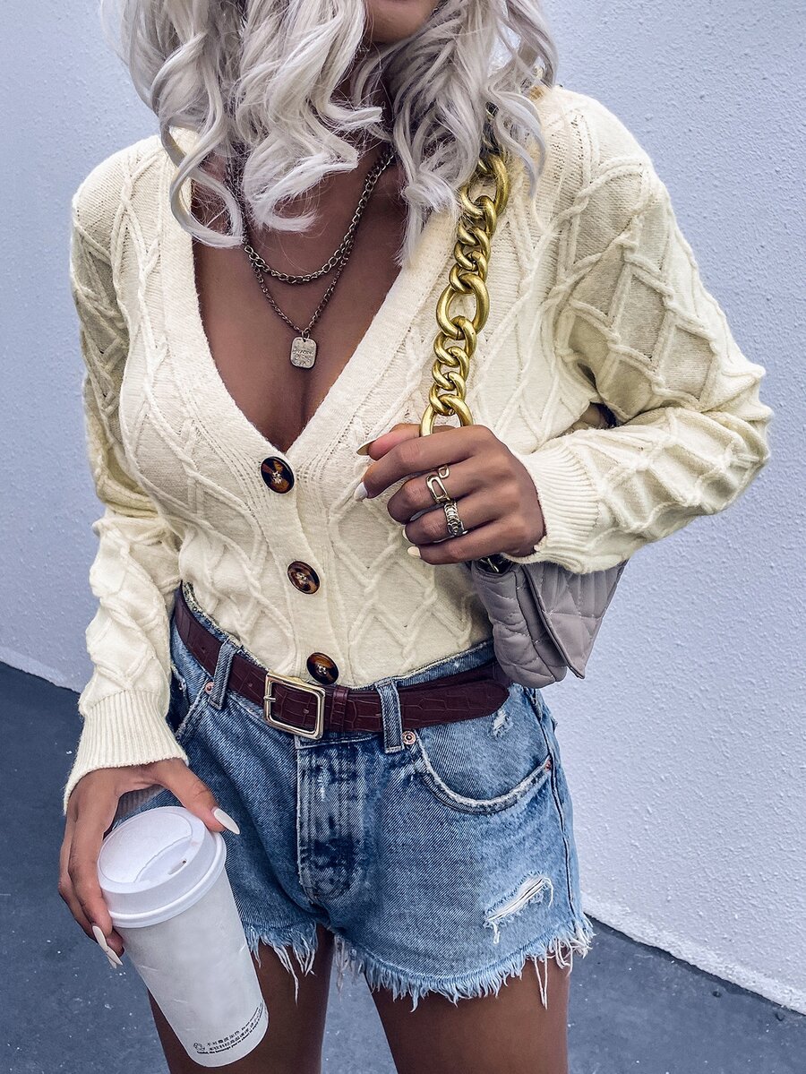 V-Neck Cable Knit Cardigan - Beige - View 1